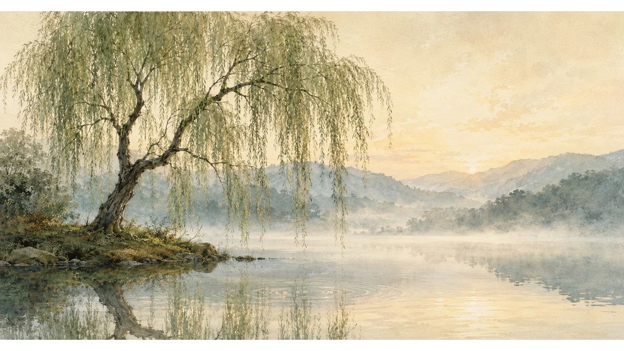 A graceful willow beside still water in warm light, creating a calm and welcoming invitation to connect.