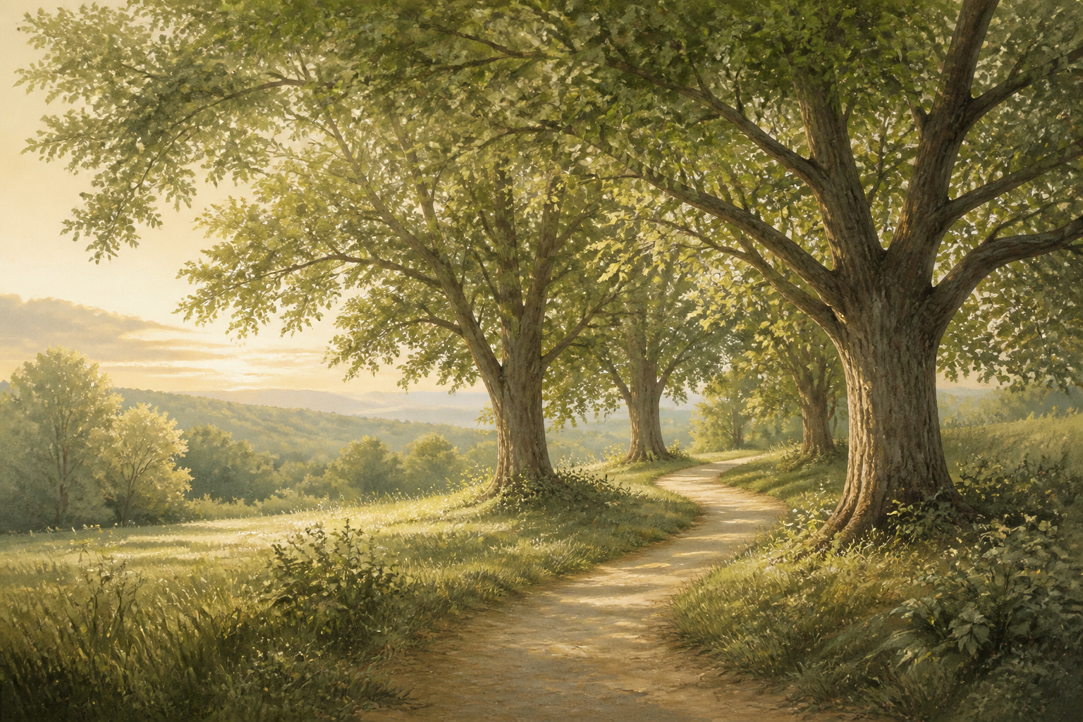 A broad sunlit grove of full mature trees, symbolizing gratitude, growth, connection, and quality of life.