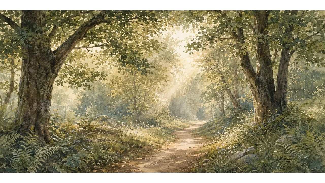 A sunlit woodland path beneath full trees, inviting readers toward practical support and greater quality of life.