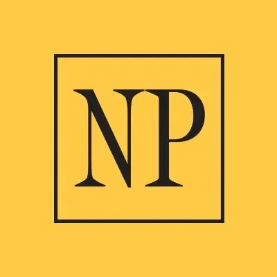 Yellow background with black border and initials 'NP' in large black letters.
