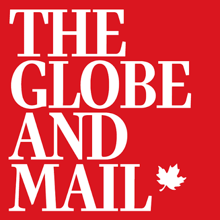 Red background with white text reading 'The Globe and Mail' and a white maple leaf logo.