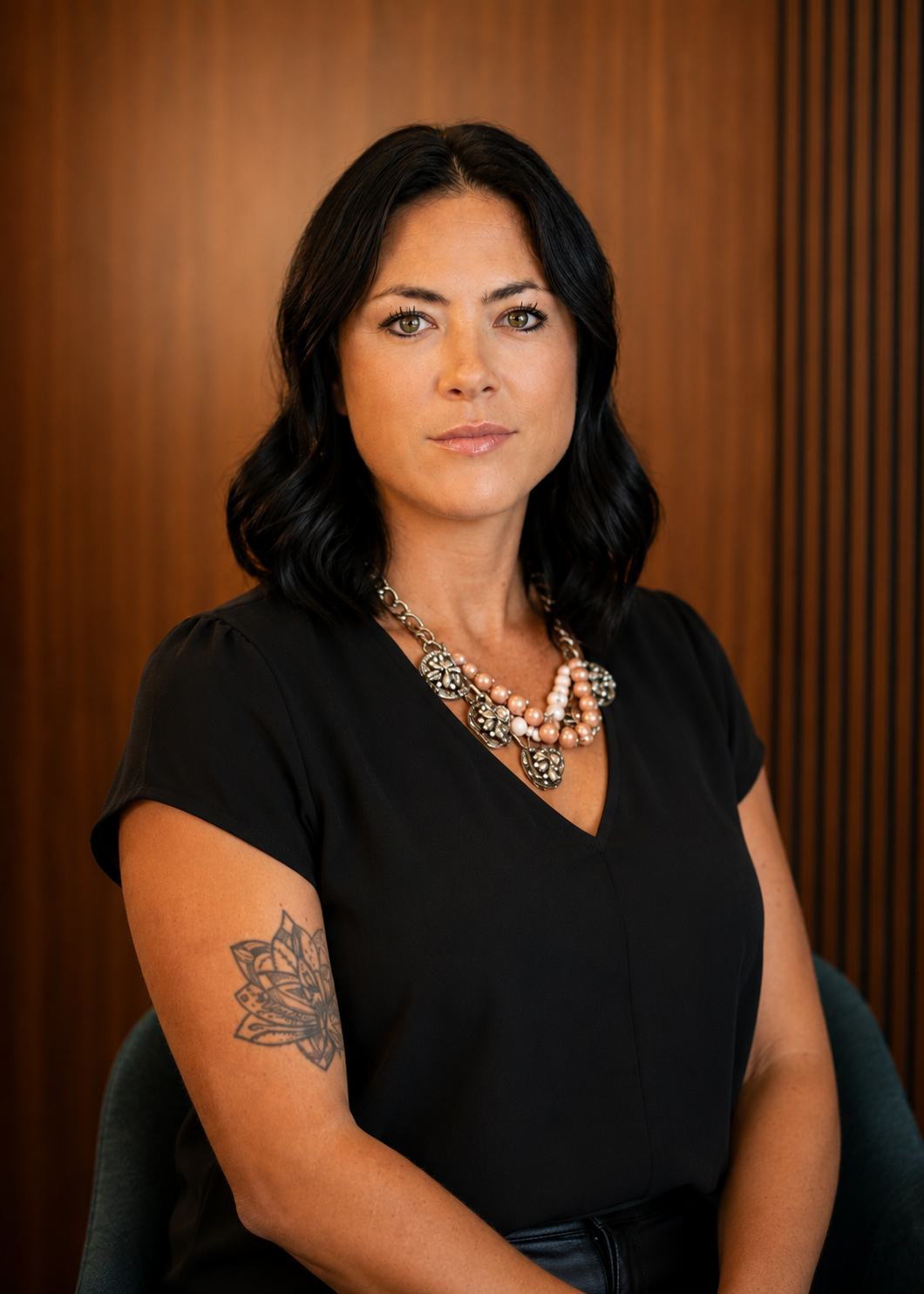 A woman with black wavy hair, wearing a black dress, a layered pearl and metallic necklace, sitting in front of a wooden paneled wall, with a tattoo on her left arm.
