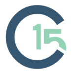 Graphic of a letter 'C' with the number '15' inside it, in mint green.