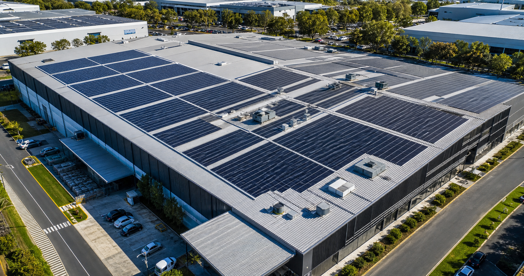 Aerial view of an industrial building with a large roof covered in solar panels, surrounded by parking lots and trees.