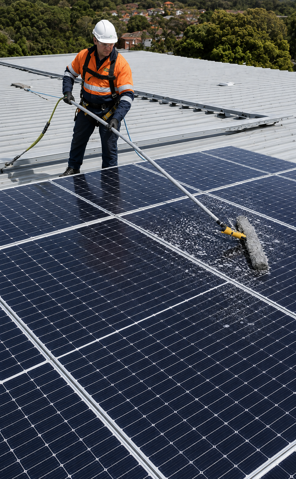 A worker in safety gear cleaning solar panels on a rooftop with a long-handled roller, with trees and houses in the background.