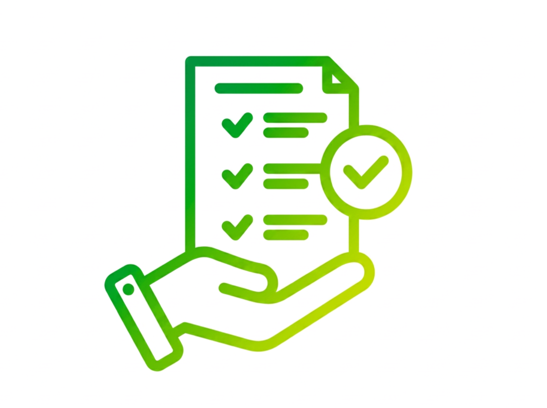 Outline illustration of a hand holding a smartphone with a checklist on the screen, accompanied by a checkmark icon.