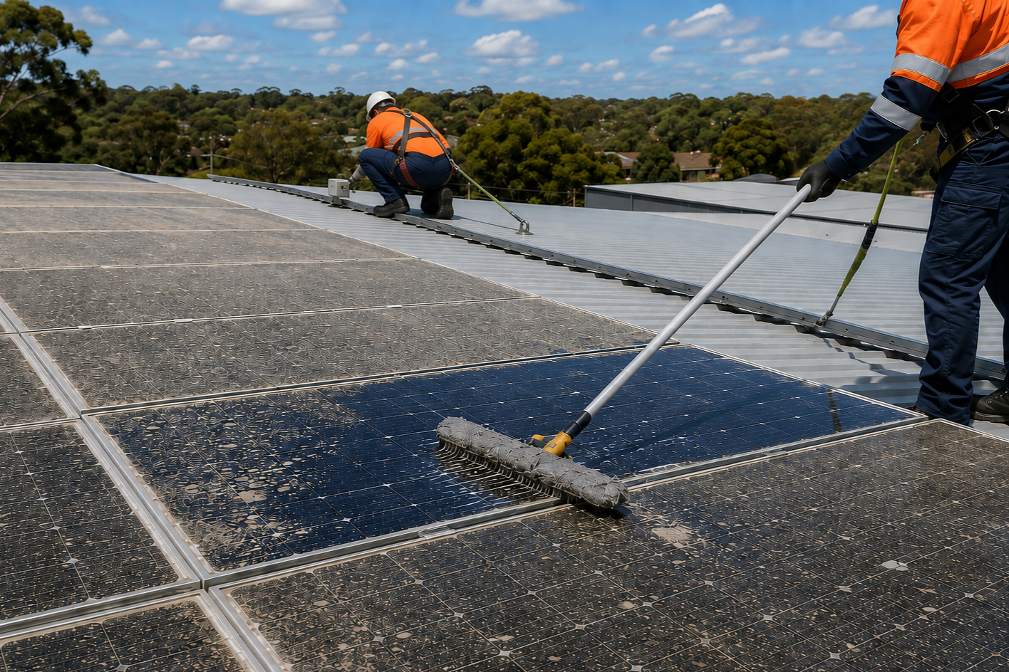 Workers in safety gear cleaning solar panels on a rooftop under a partly cloudy sky.
