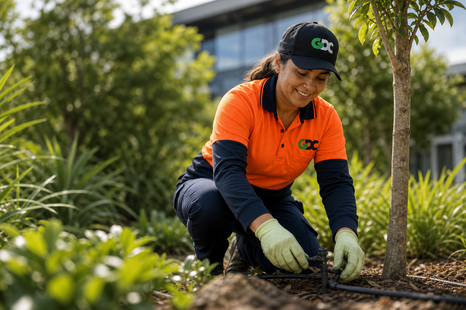 A woman working outdoors, planting or maintaining a tree with gardening tools, in a landscaped area with greenery and trees.