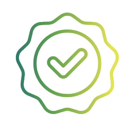A badge with a checkmark inside a circle, surrounded by a decorative border, symbolizing approval or certification.