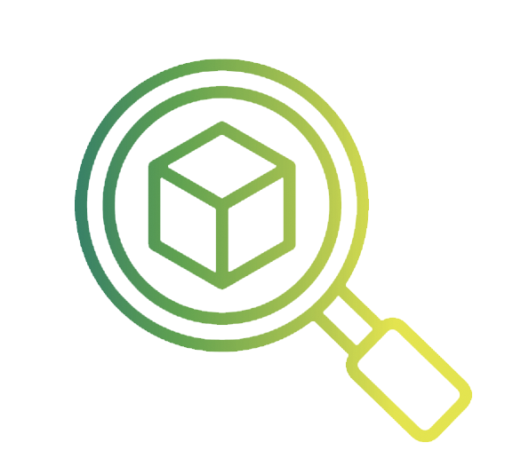 A magnifying glass focusing on a 3D cube shape, with the magnifying glass handle depicted in yellow and the circle and cube in green.