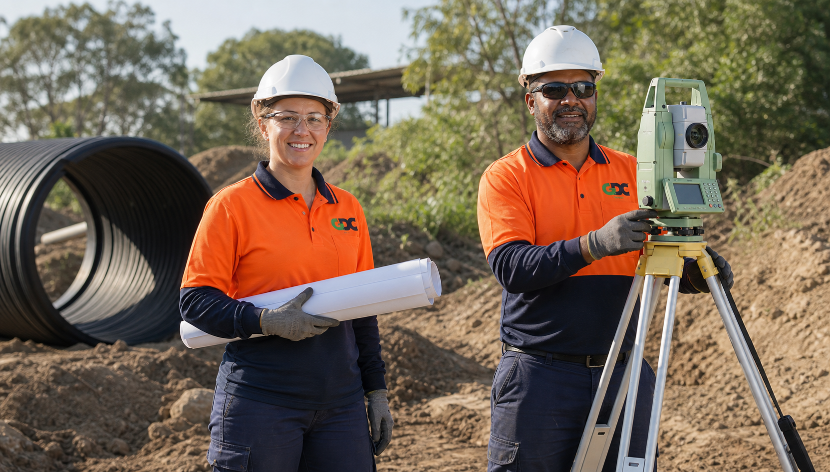 Construction workers in safety helmets and orange shirts at a construction site, with surveying equipment and large pipe in the background.