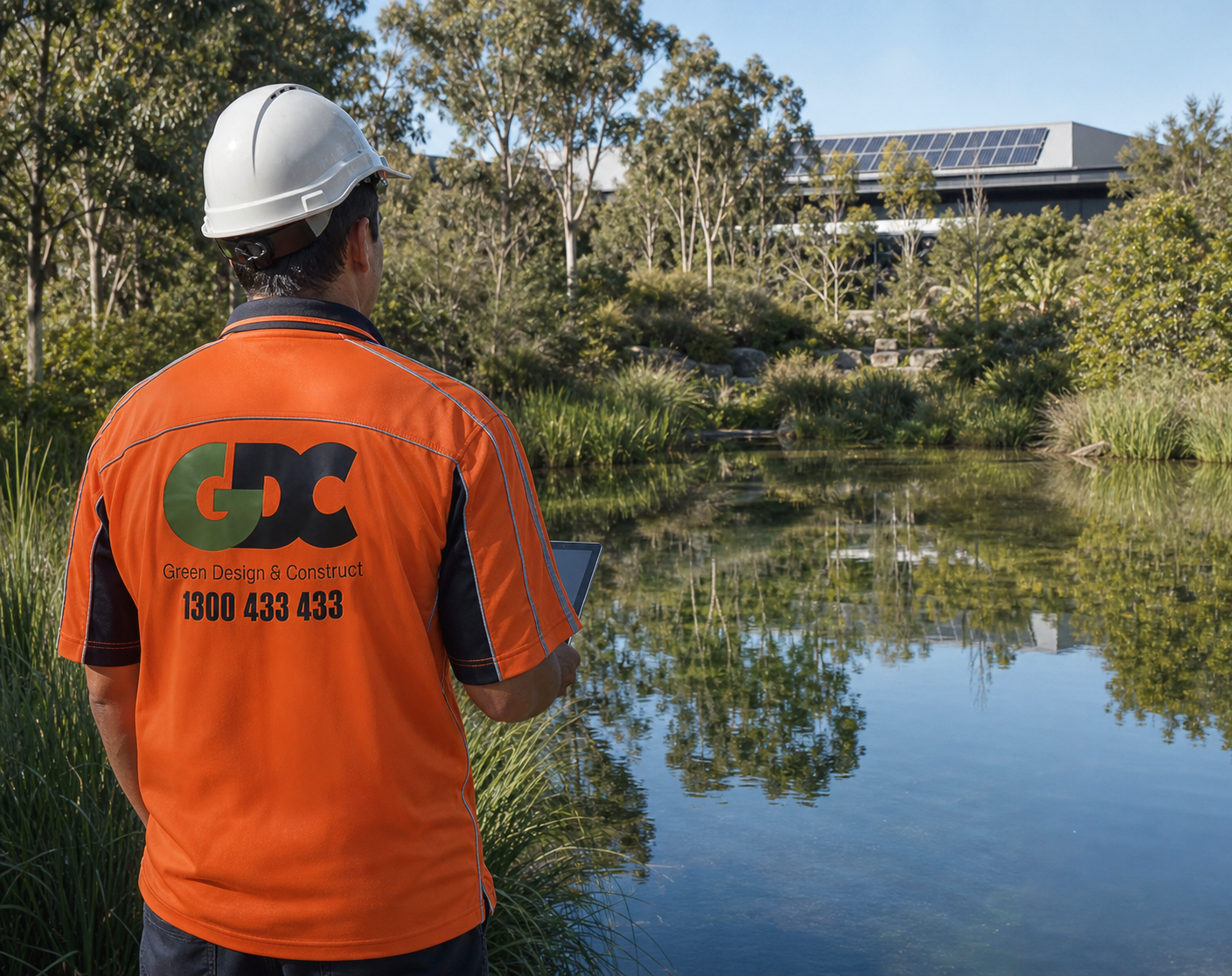 A man wearing an orange shirt with the logo 'GDC' and the words 'Green Design & Construct' on the back, along with a phone number, stands near a pond and looks at a tablet in his hands. He is wearing a white safety helmet, and the background features trees, shrubs, and a building with solar panels.