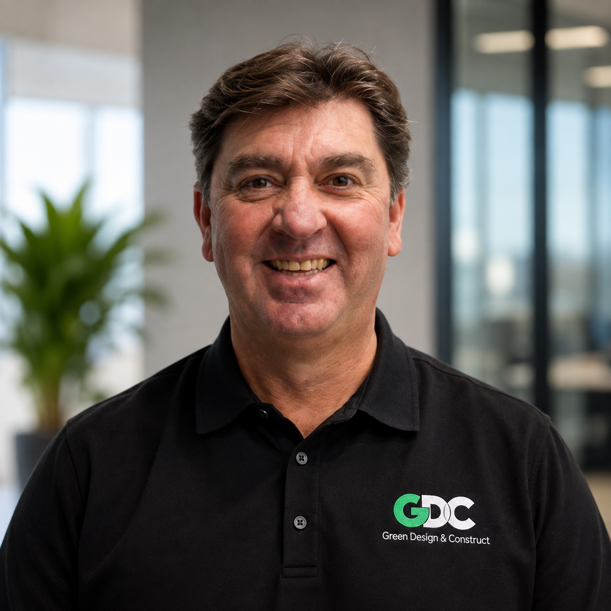 Smiling man with dark hair wearing a black polo shirt with a logo that reads GDC Green Design & Construct, standing in a modern office environment with large windows, blurred background, and a green plant.
