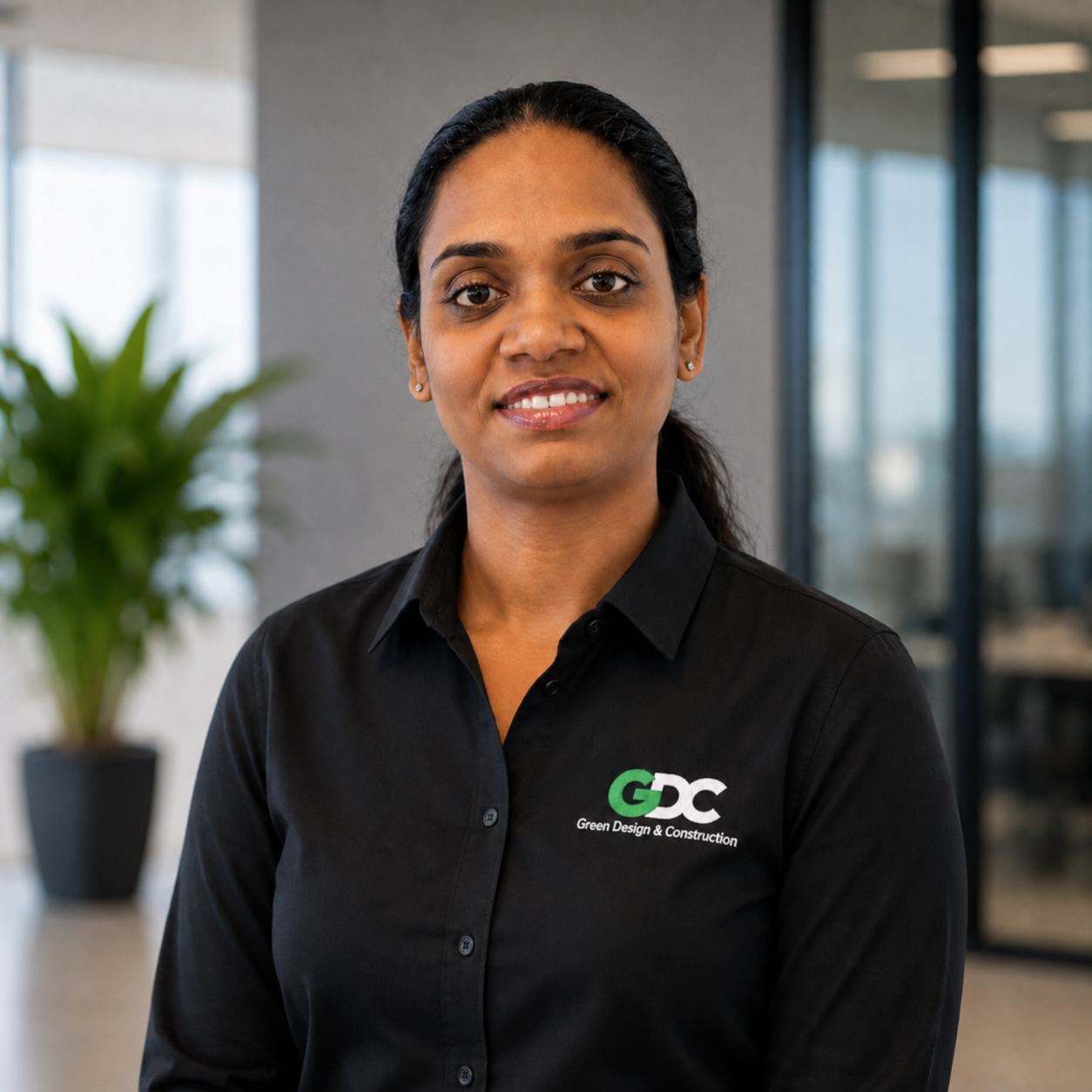 GDC team member in a branded shirt in an office