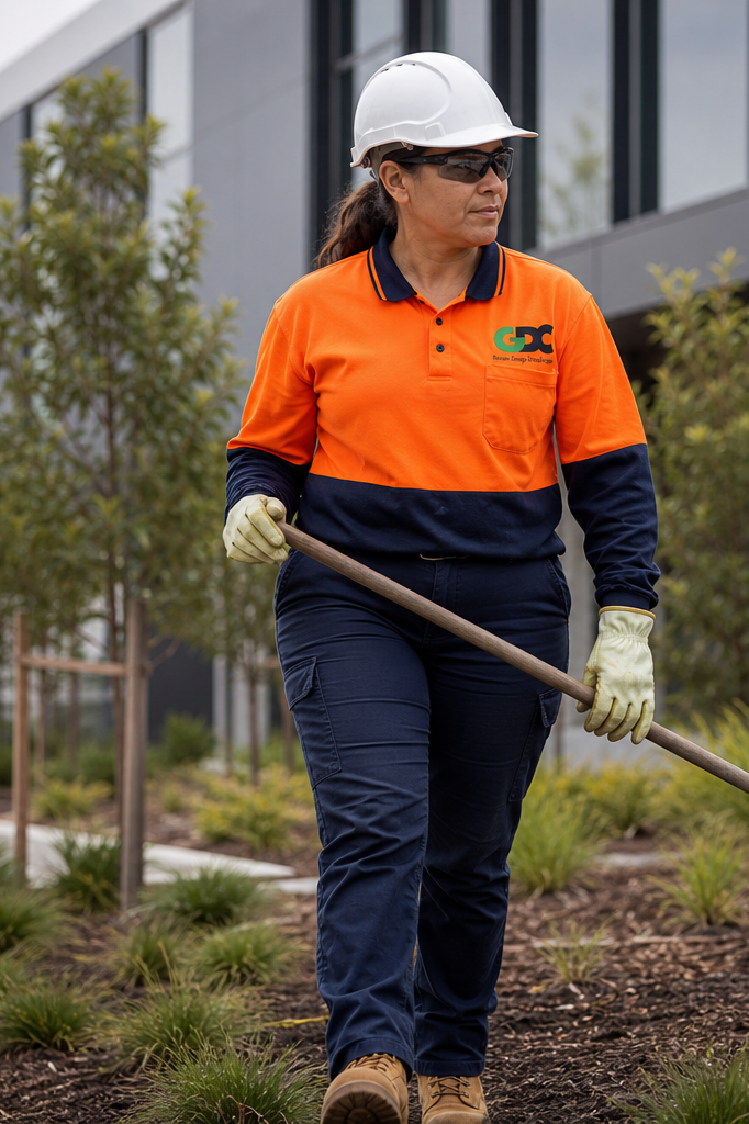 Woman wearing hard hat, sunglasses, and orange and navy blue work shirt with GDC logo, gardening with a rake outside