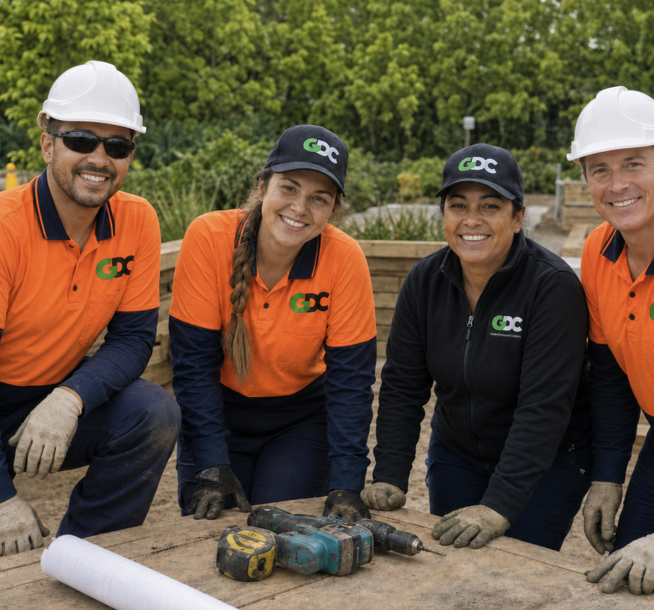 Group of construction workers smiling outdoors, wearing orange and black shirts with GDC logos, hard hats, and gloves, with tools on a wooden table.