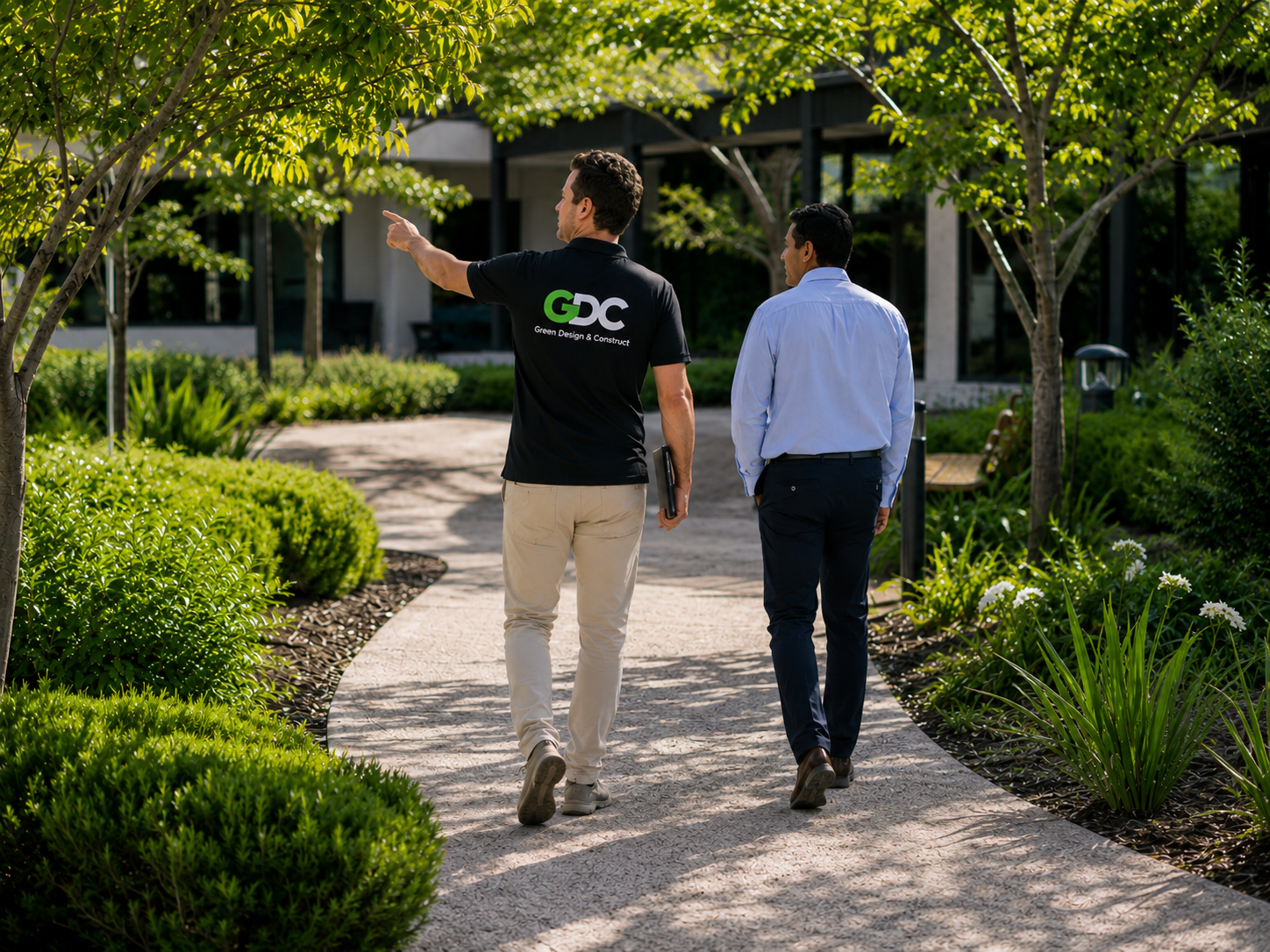 Two men walking on a garden path while having a discussion. One man wearing a black T-shirt with the logo 'GDC' and the words 'Green Design & Construct', pointing towards something, holding a laptop. The other man in business casual attire listening. Green trees and well-maintained shrubs surround the scene.