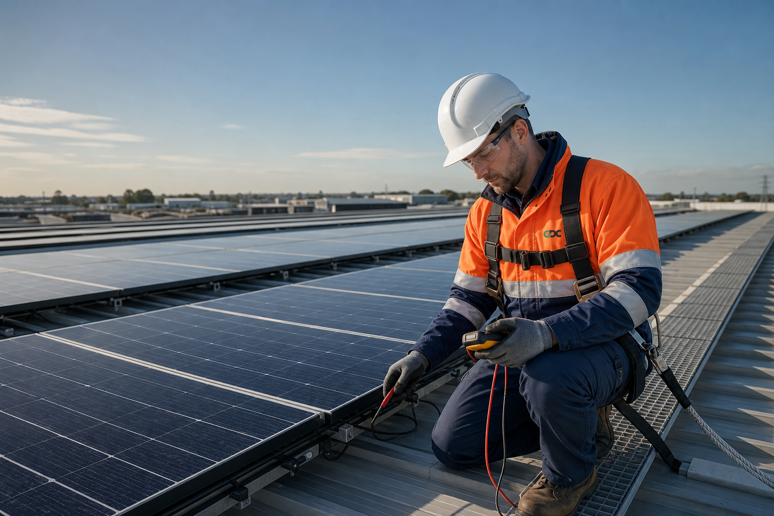 A worker in safety gear inspecting solar panels on a rooftop under a clear sky.