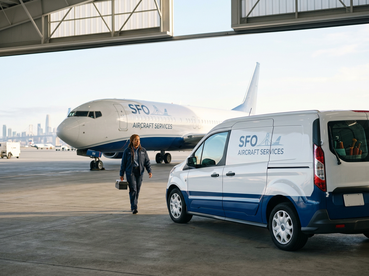 A Mobile Detailing van parked next to a private jet ready for onsite cleaning.