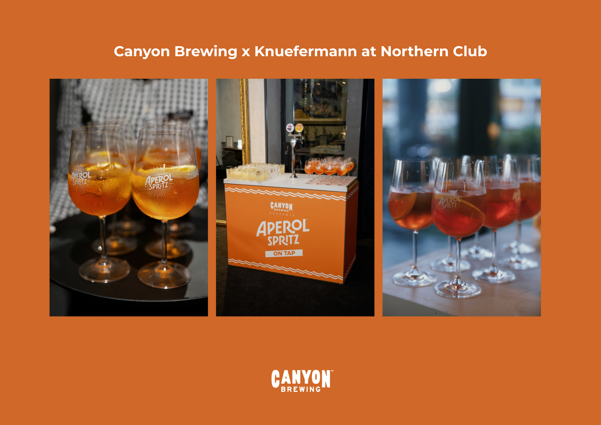 Image showing glasses of Aperol Spritz on a table and a sign with the words "Canyon Brewing on tap" at an event, with a background of a bar or indoor space.