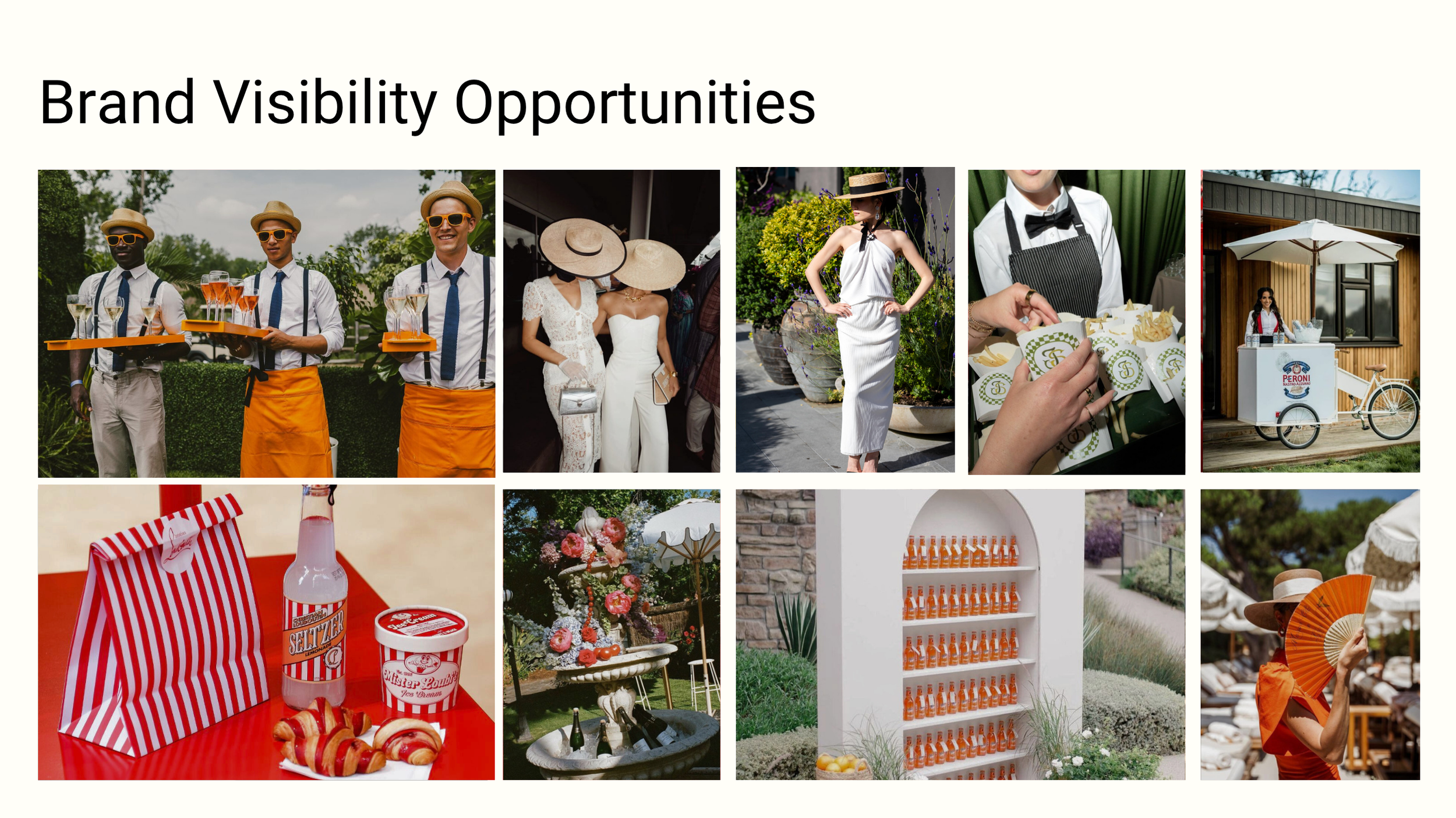 Collection of images showing outdoor events, food, drinks, people in summer attire, floral arrangements, and outdoor settings.