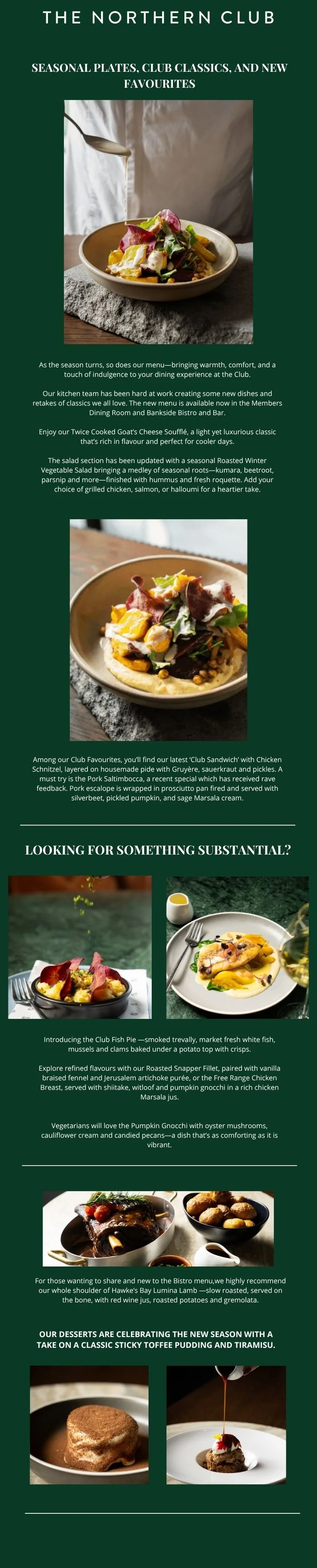 Flyer for The Northern Club, showcasing seasonal plates, club classics, and new favorites, with images of various dishes such as salad, fish pie, gnochhi, and desserts.