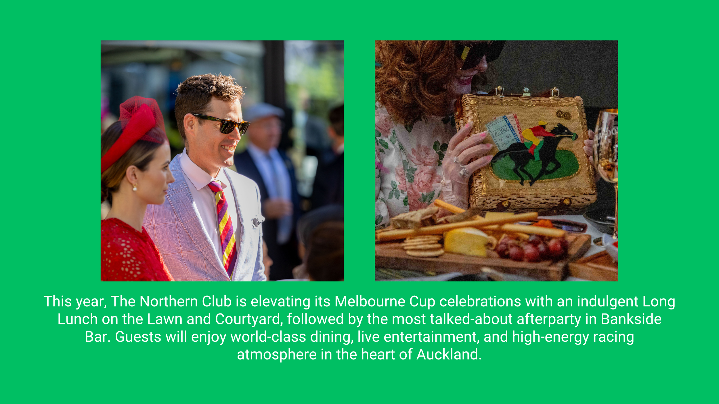 Photograph of two people at an outdoor event, a woman with a red headband and a man in sunglasses and a light-colored suit, smiling and talking, with other guests and a blurred outdoor background. The second image shows a woman with red curly hair an