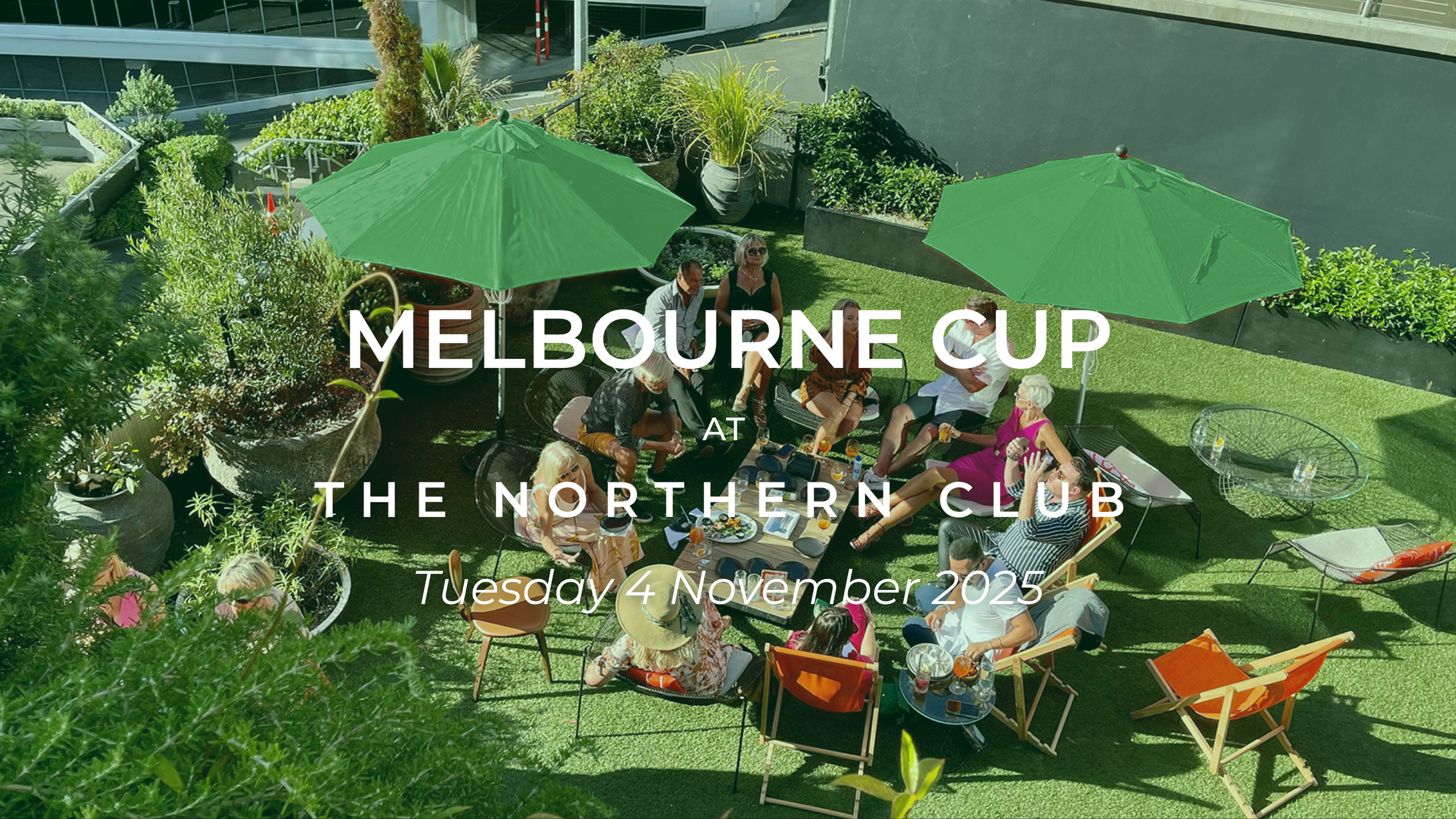 Outdoor patio gathering with people seated at tables and under green umbrellas, surrounded by potted plants and greenery at The Northern Club in Melbourne.
