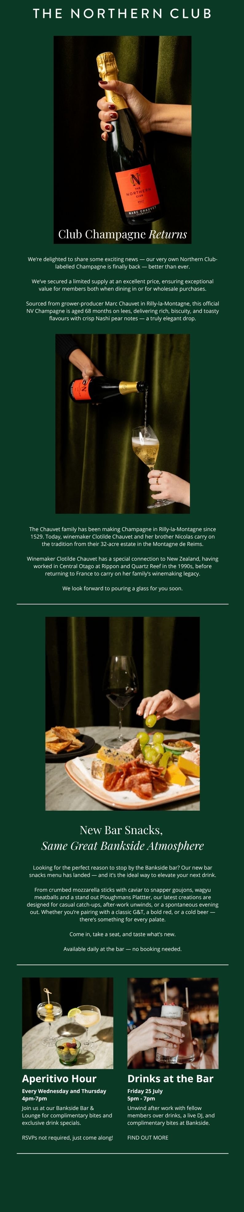 Promotional poster for The Northern Club celebrating the return of their Club Champagne, featuring images of champagne bottles, a glass of champagne, a platter of snacks, and bar events. The poster highlights new bar snacks, aperitivo hour, and drinks at the bar.