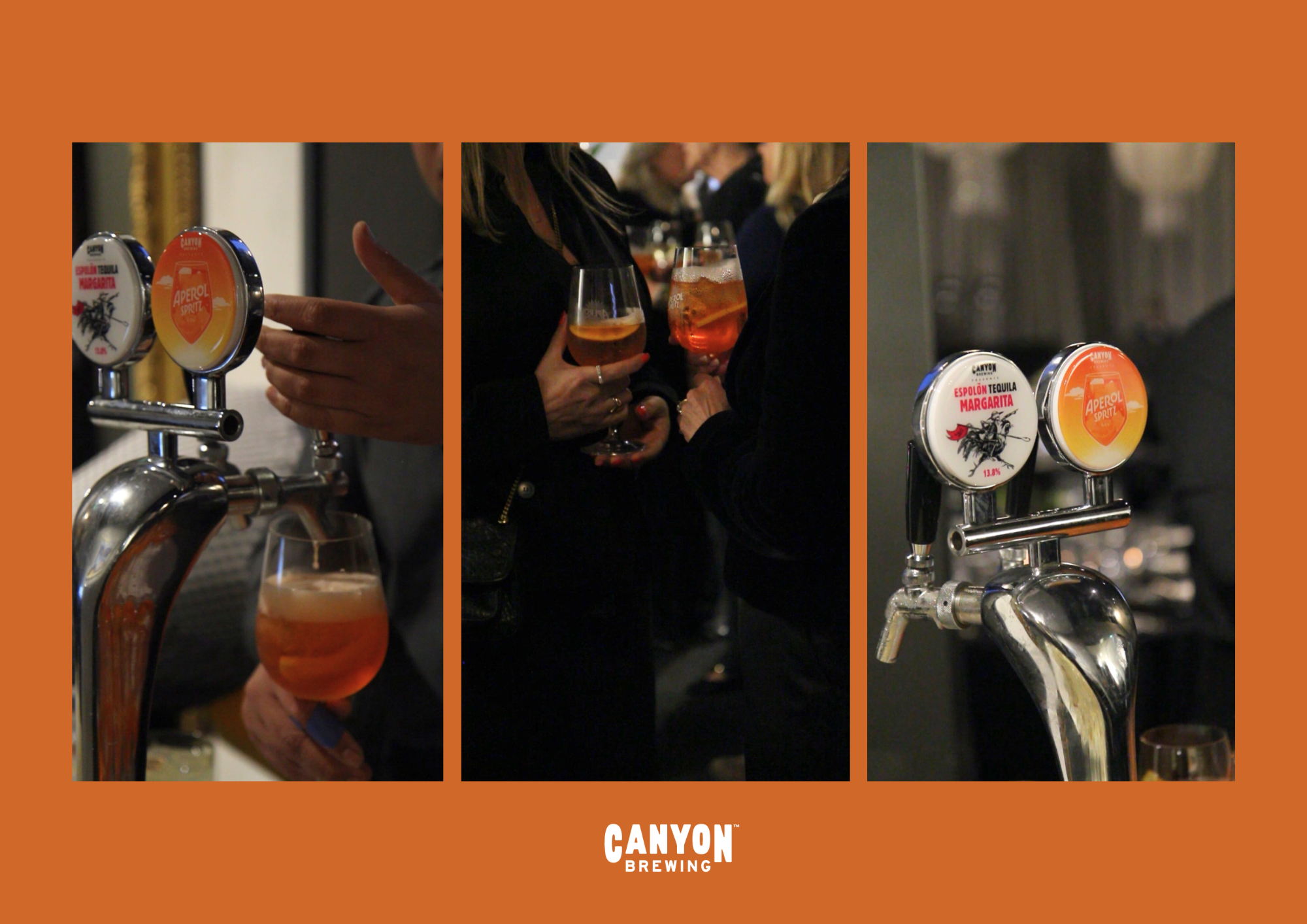 Close-up of beer taps with the Canyon Brewing logo, with people in the background holding glasses of beer, in a bar setting.