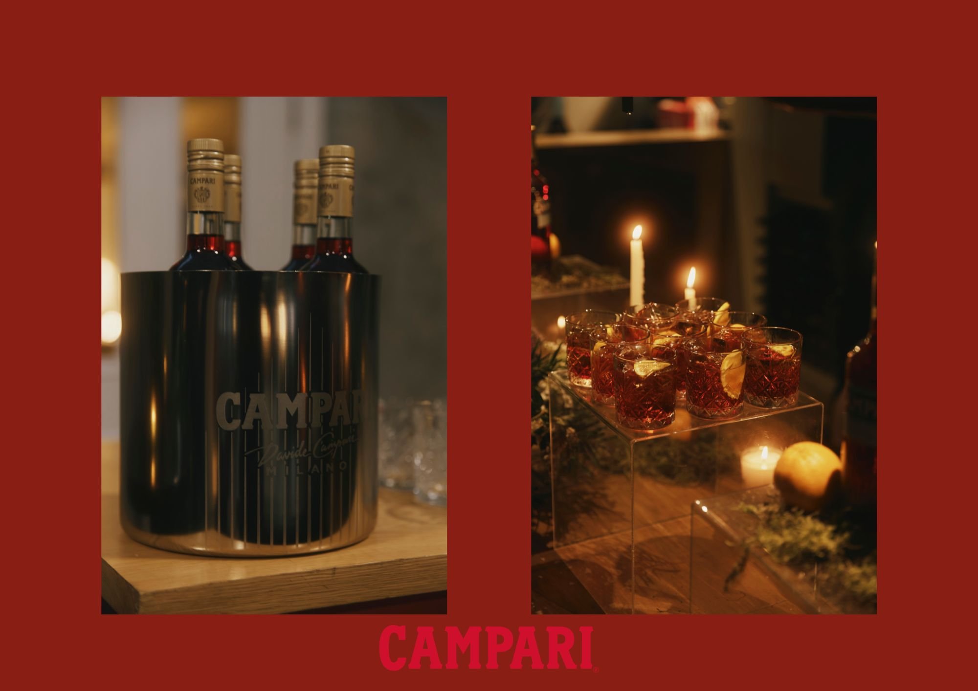 Left side: a metal bucket holding bottles of Campari, with a blurred background. Right side: a festive scene with lit candles, glasses of red drinks with lemon slices, and a Christmas-themed decoration.