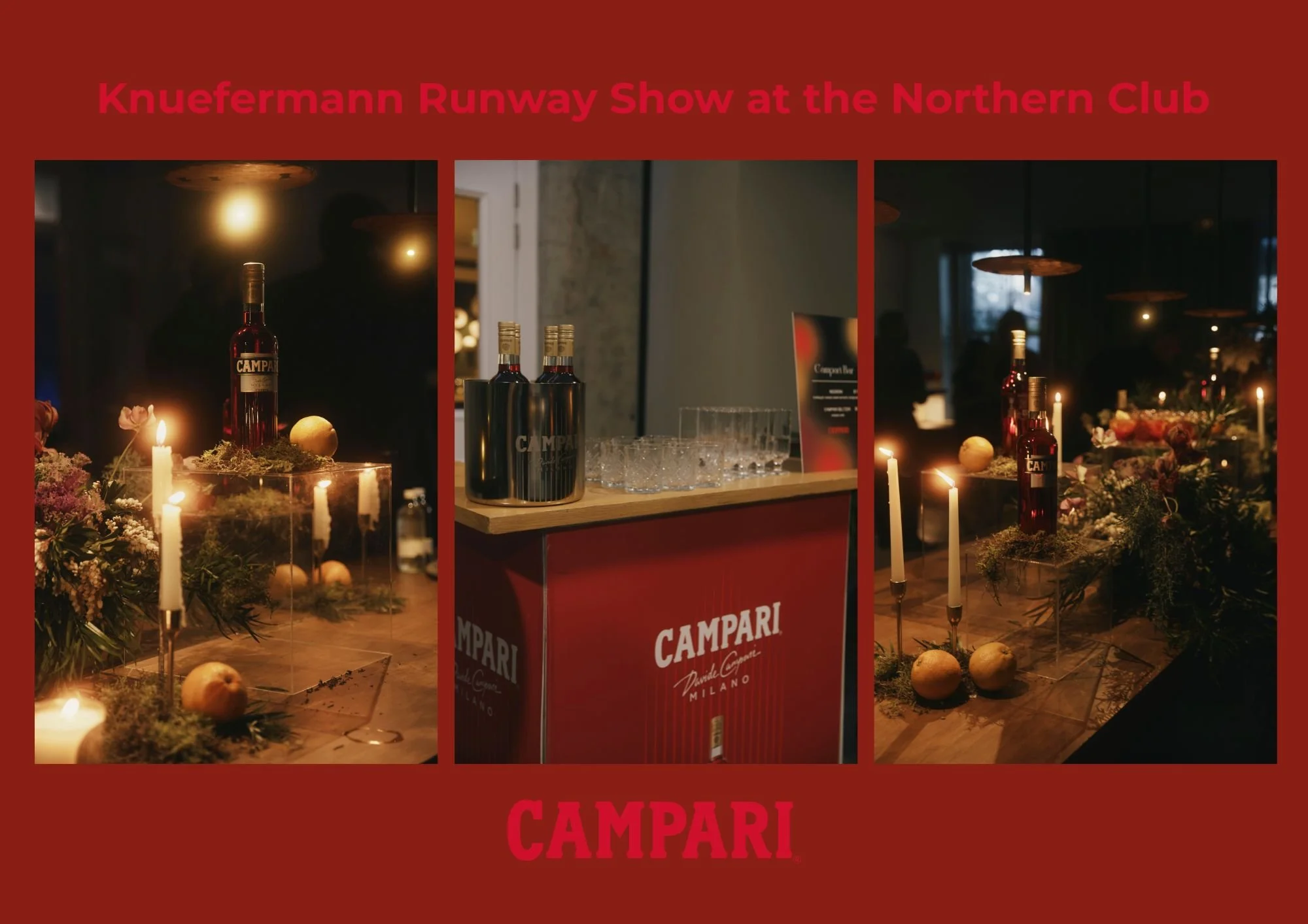 Decorative display at the Knueffmann Runway Show at the Northern Club, featuring candles, flowers, a bottle of Campari, and glasses, set in a cozy, dimly lit setting.