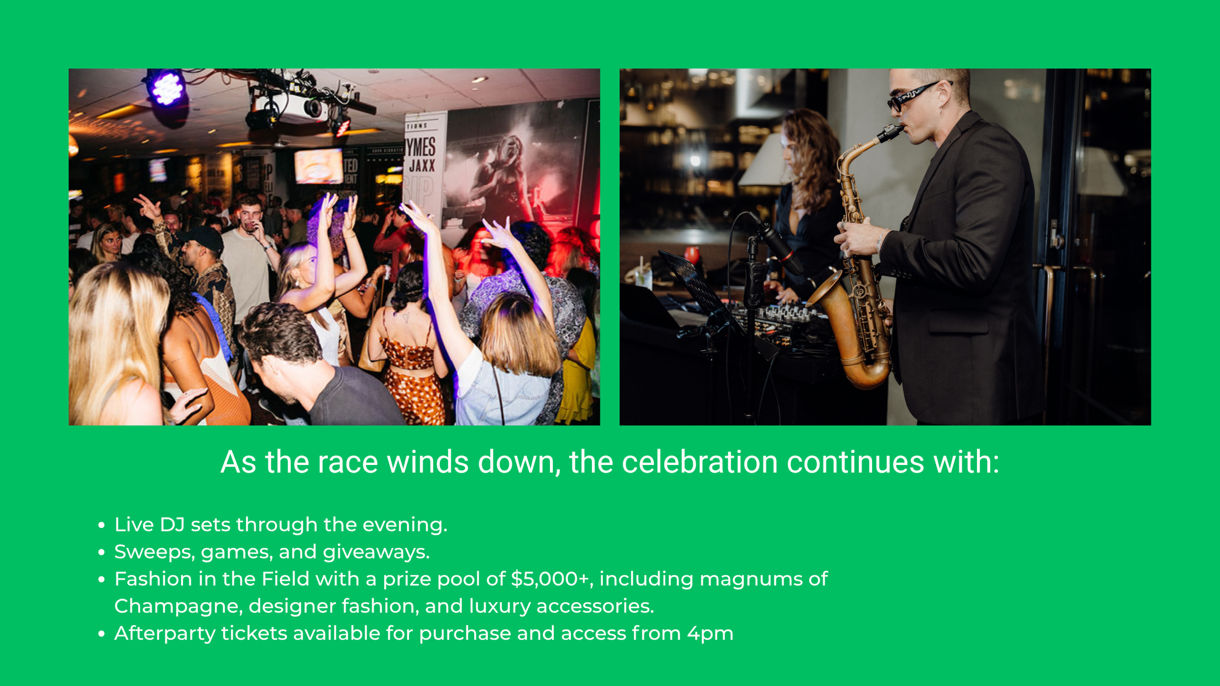 Left side shows a lively indoor party with many people dancing and socializing under colorful lighting, with a large poster in the background. Right side depicts a man in a black suit playing a saxophone, accompanied by a woman in the background, nea