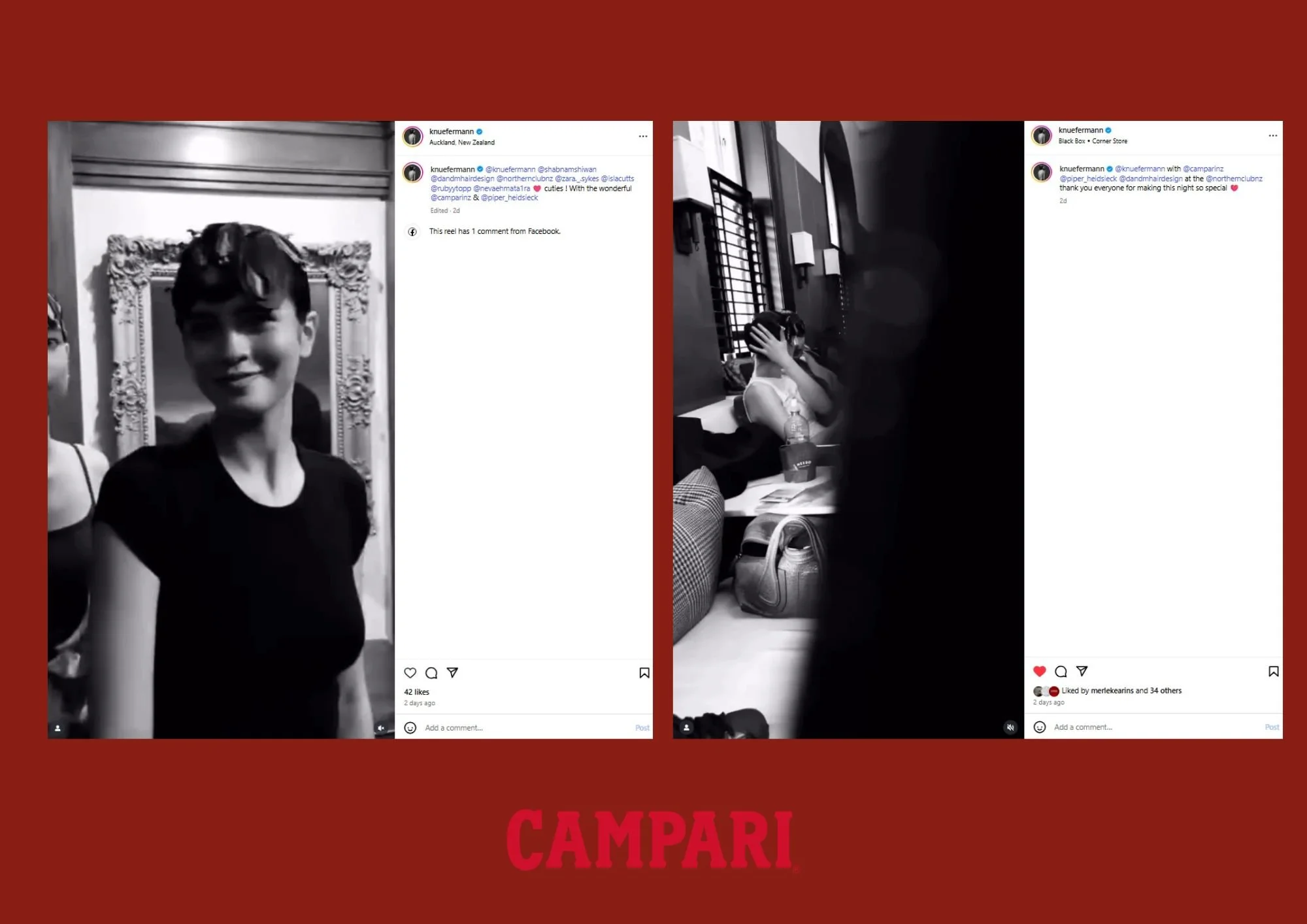 Two black-and-white social media posts, the left featuring a smiling woman with short dark hair in front of a decorative frame, and the right showing a woman sitting at a table with her hands covering her face, inside a room with black walls and larg