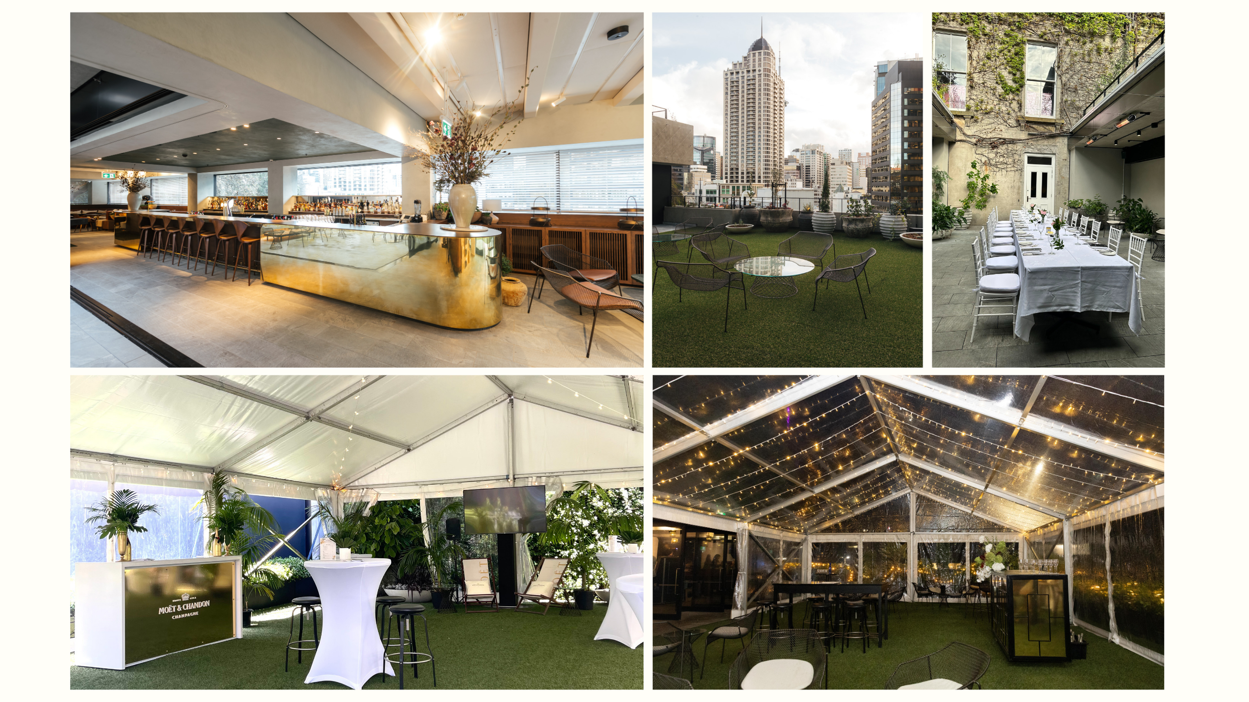 Gallery of images showing different event or venue settings: a modern indoor bar, rooftop city terrace with seating, elegant outdoor dining area with white tablecloths, a tent interior with string lights, and an indoor space with string lights and pl