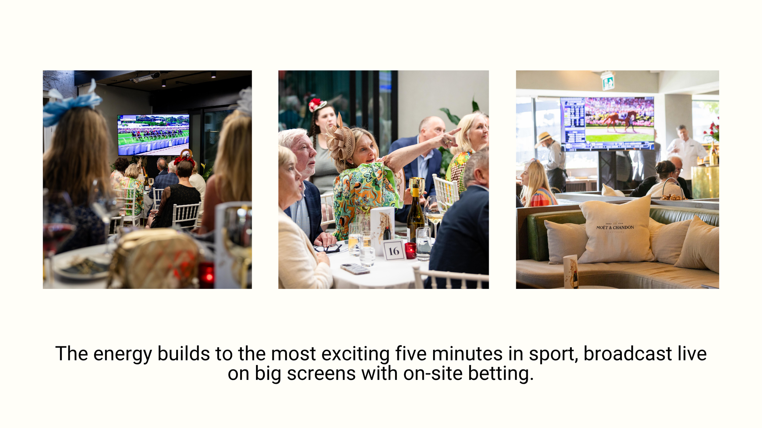 People watching a horse race on large screens inside a restaurant or bar, with some individuals wearing hats and engaging in conversation, and a table with drinks and decorations.