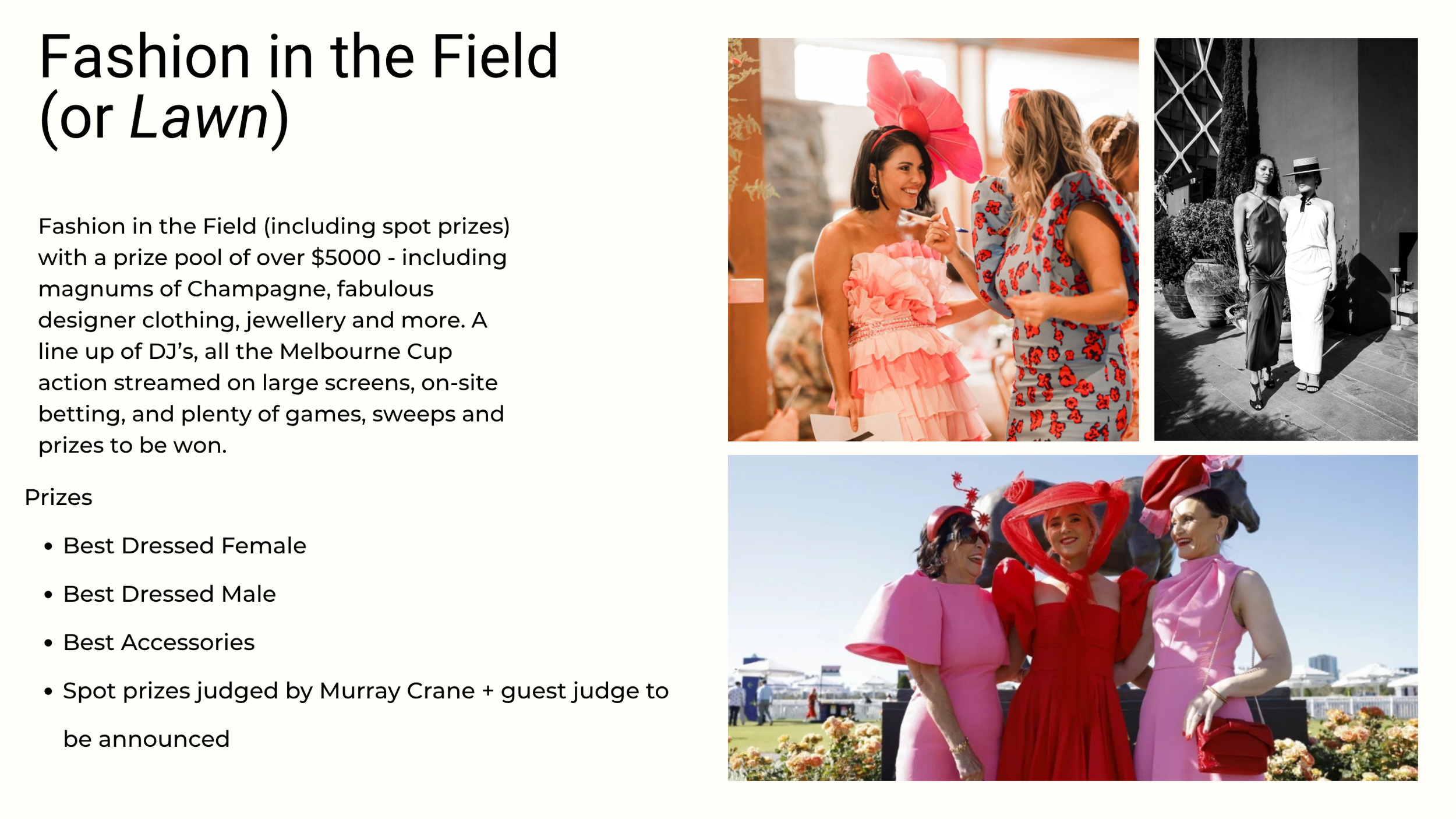 Promotional flyer for 'Fashion in the Field' event with images of women in colorful dresses and hats, outdoor setting, and event details including prizes for best dressed female, male, and accessories.