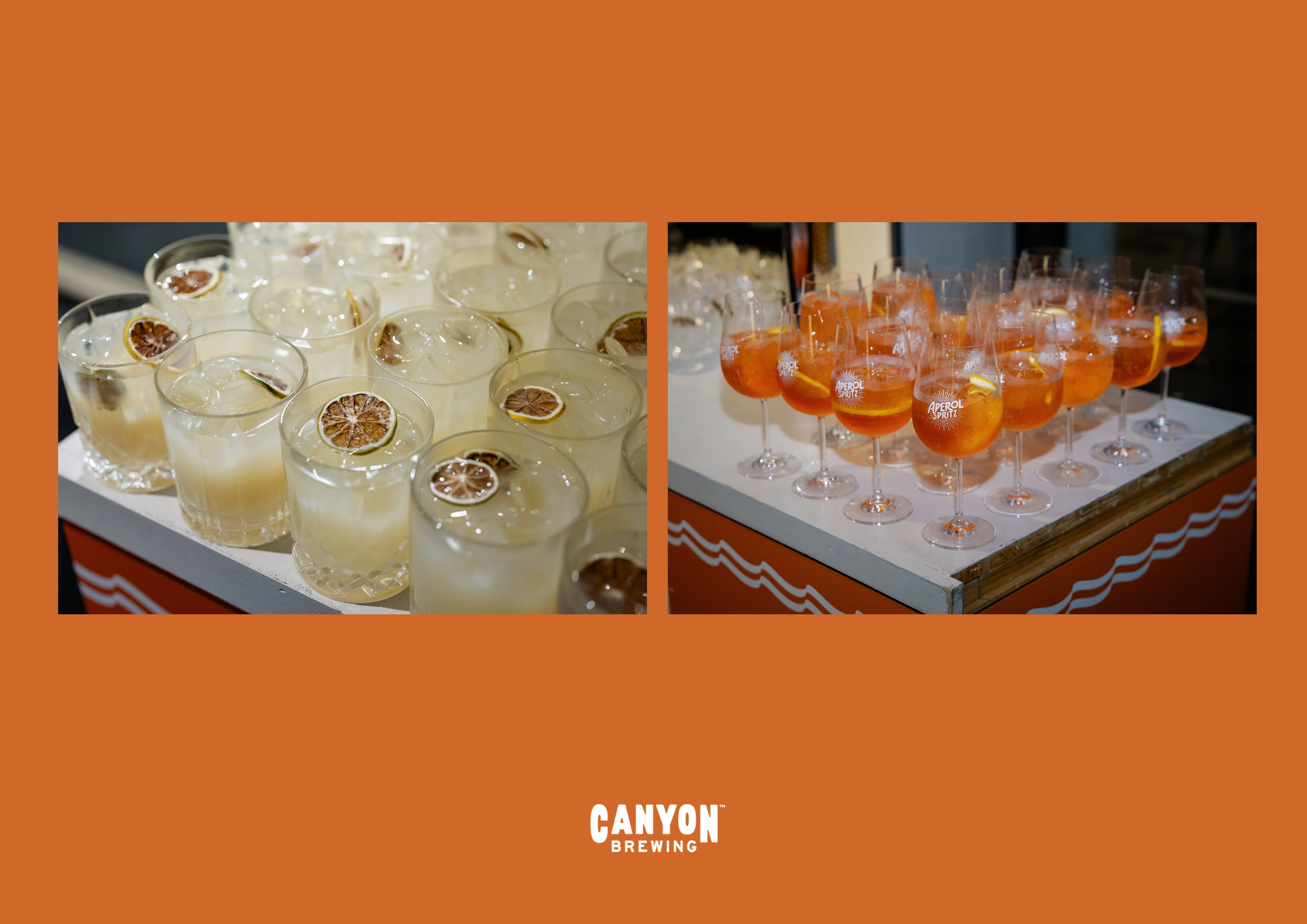 Two trays of cocktails, one with light yellow drinks garnished with lemon slices and a dried citrus slice, and the other with orange drinks garnished with lemon slices, displayed on an orange background with Canyon Brewing logo at the bottom.