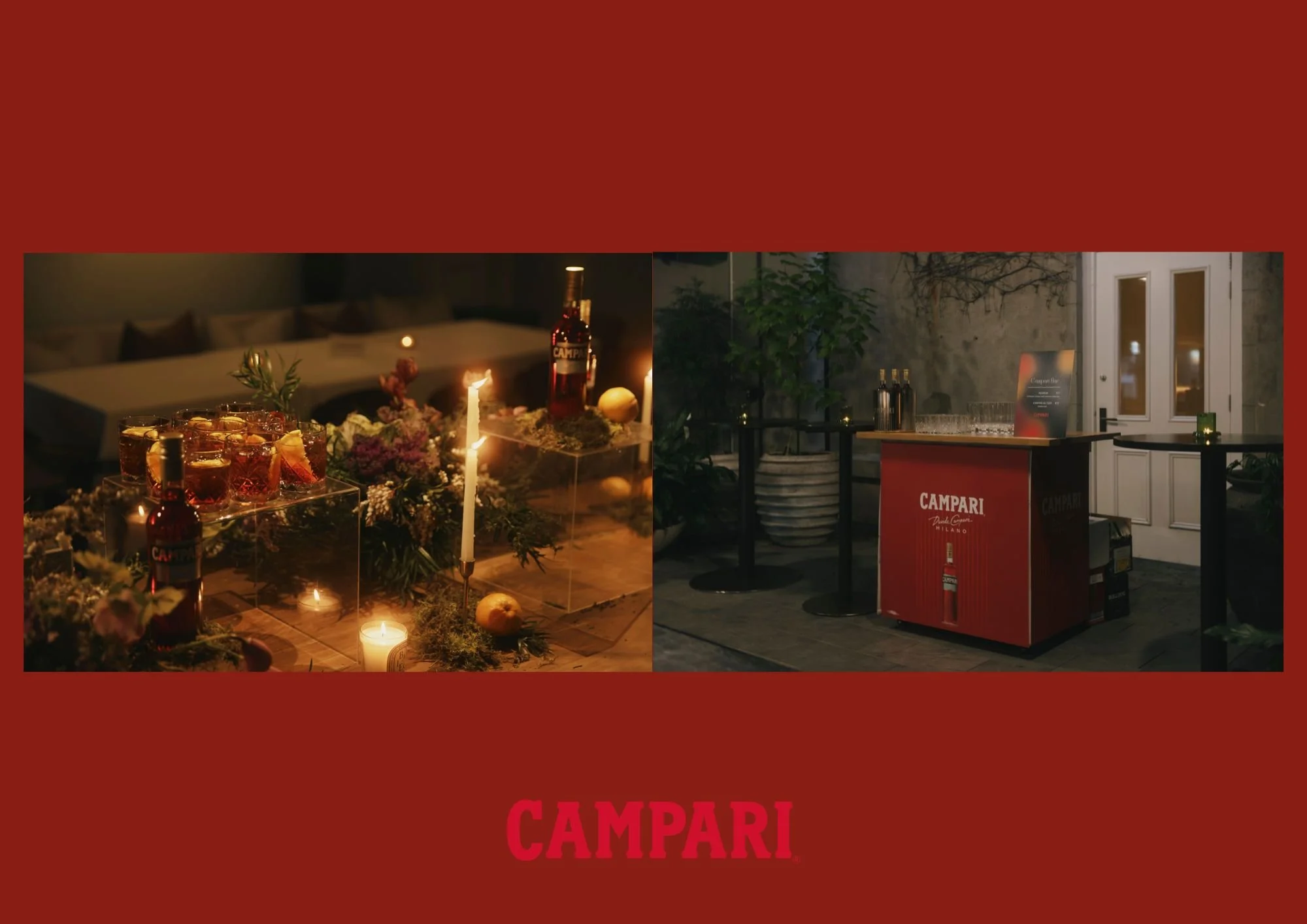 A nighttime scene at an event with a table of cocktail drinks, candles, and flowers on the left, and a bar setup with bottles and a small sign on the right, featuring the Campari logo.