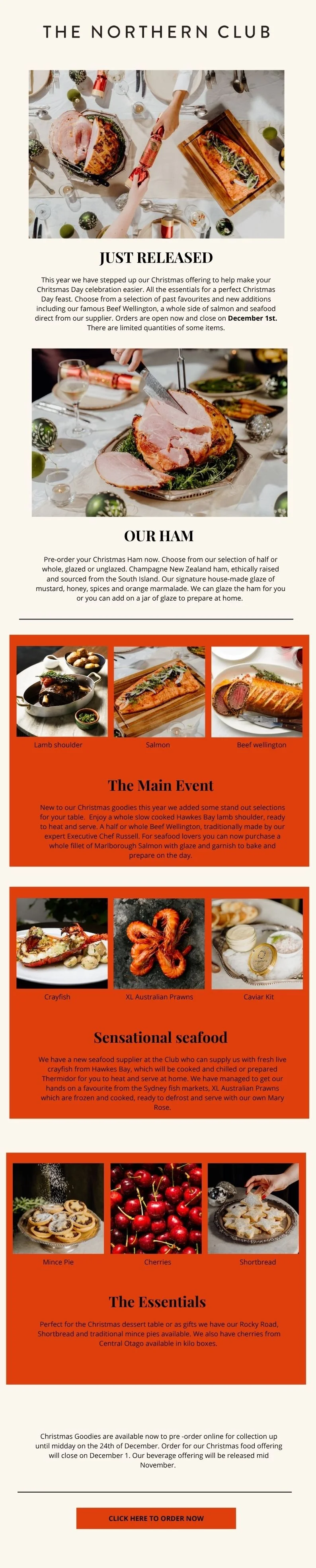 A promotional email from The Northern Club featuring their Christmas food offerings. The email showcases images of a glazed ham and salmon, along with smaller photos of lamb shoulder, beef Wellington, craysfish, XL Australian prawns, caviar, mince pie, cherries, and shortbread. The layout includes sections about their new seafood, main event, essentials, and ordering details.