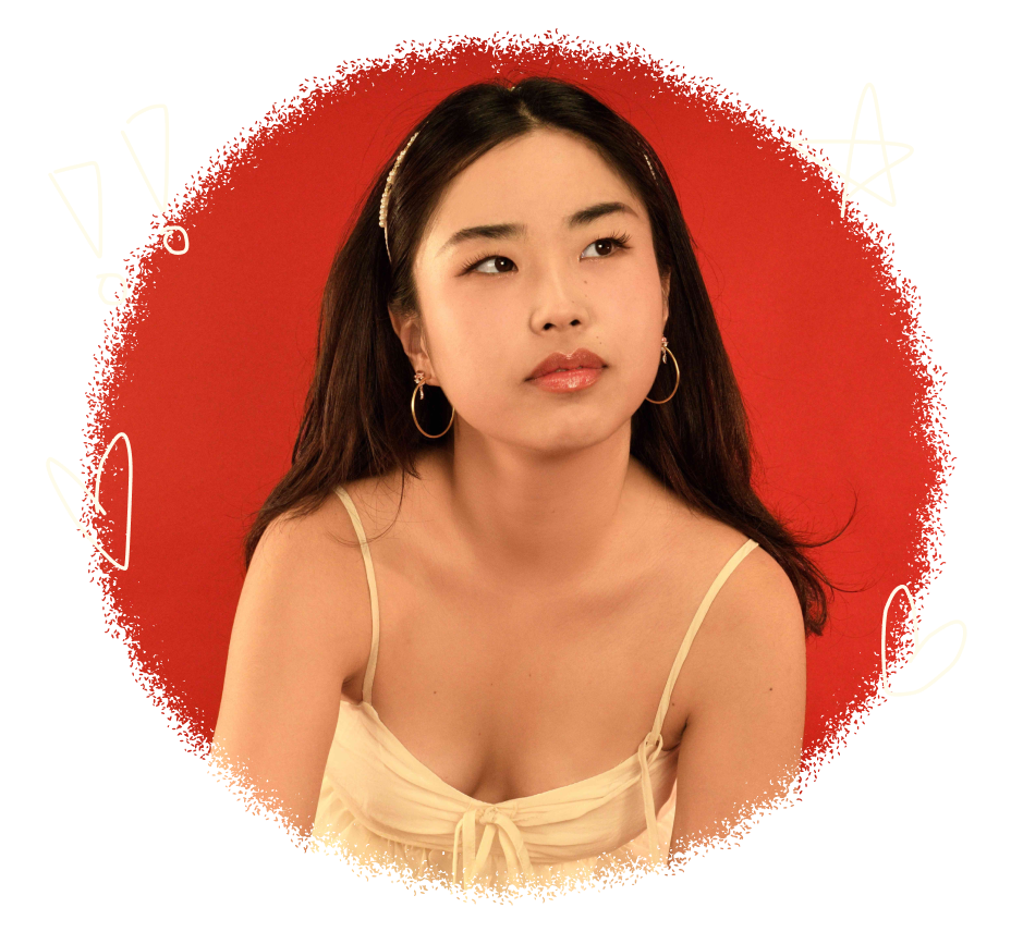 A young woman with long dark hair wearing a beige spaghetti strap top and hoop earrings, looking to her right, against a red background with white heart and swoosh graphic elements.