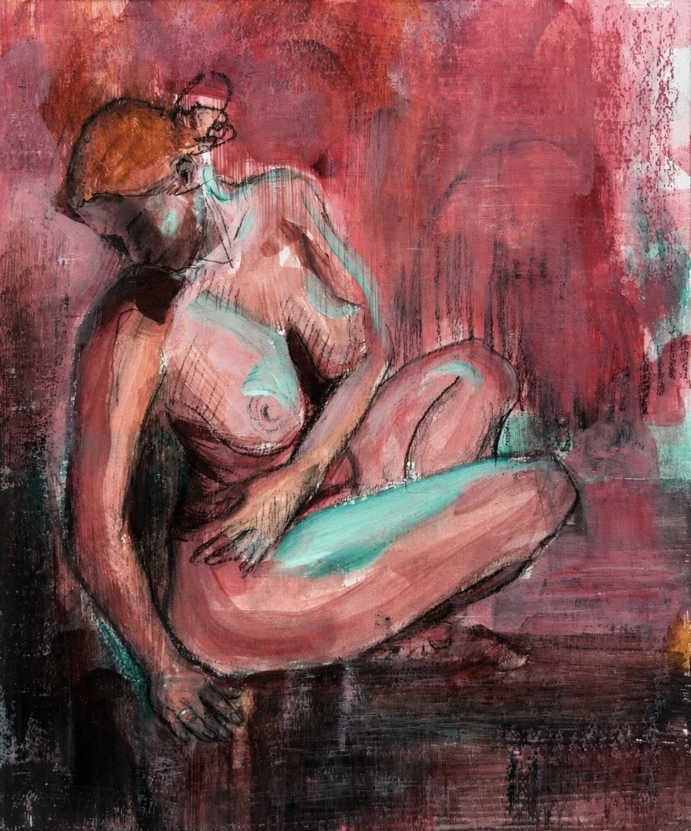 Lady Figure. 9 ¾ x 8 in. Acrylic, charcoal and color pencil on paper