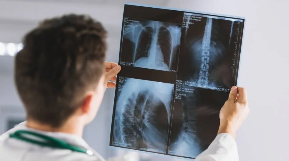 Médico revisando radiografías de pecho en una pantalla de computadora en clínica u hospital.