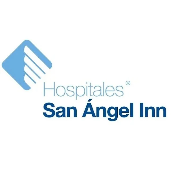 Logotipo de 'Hospitales San Ángel Inn' con un símbolo azul de una mano estilizada.