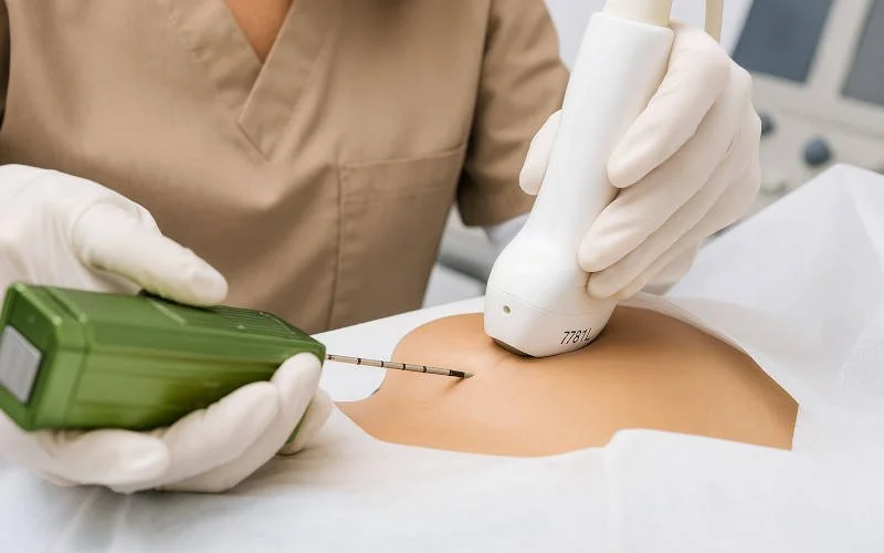 Un profesional médico realiza un procedimiento de ultra sonido en una persona, usando un dispositivo de ultrasonido y una sonda.