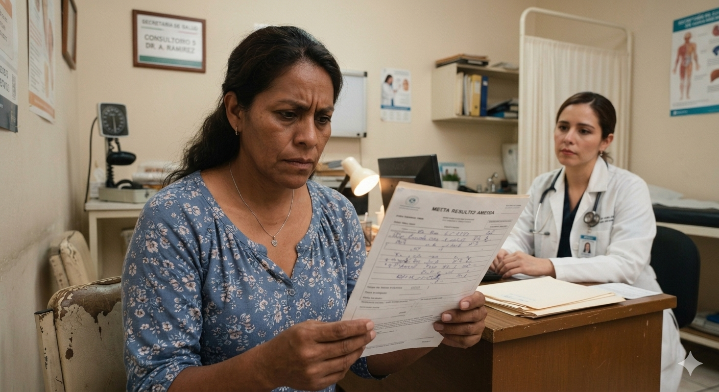 Una mujer mira un documento con expresión preocupada en una consulta médica, con una doctora en el fondo en su oficina.
