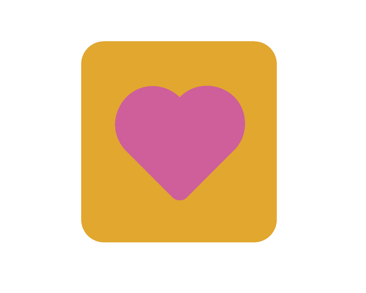 An app icon with a pink heart on a mustard yellow background.
