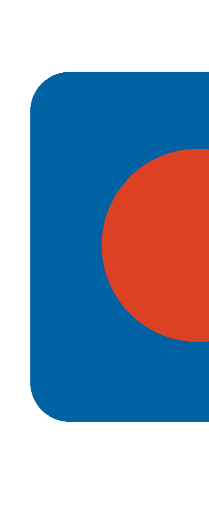 Close-up of a colorful logo featuring a blue background, a red circle, and a black outline.