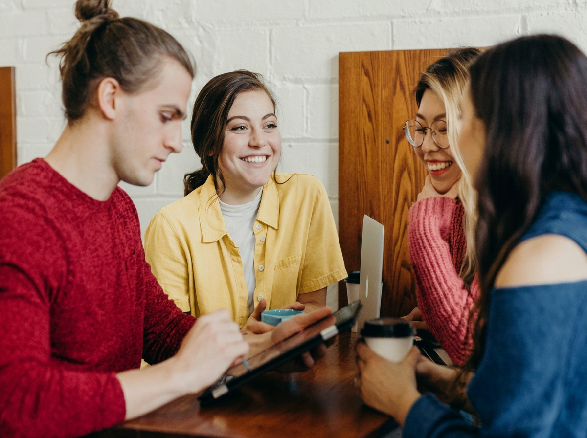 Four young adults sitting together at a table, smiling and engaging with electronic devices and coffee cups.