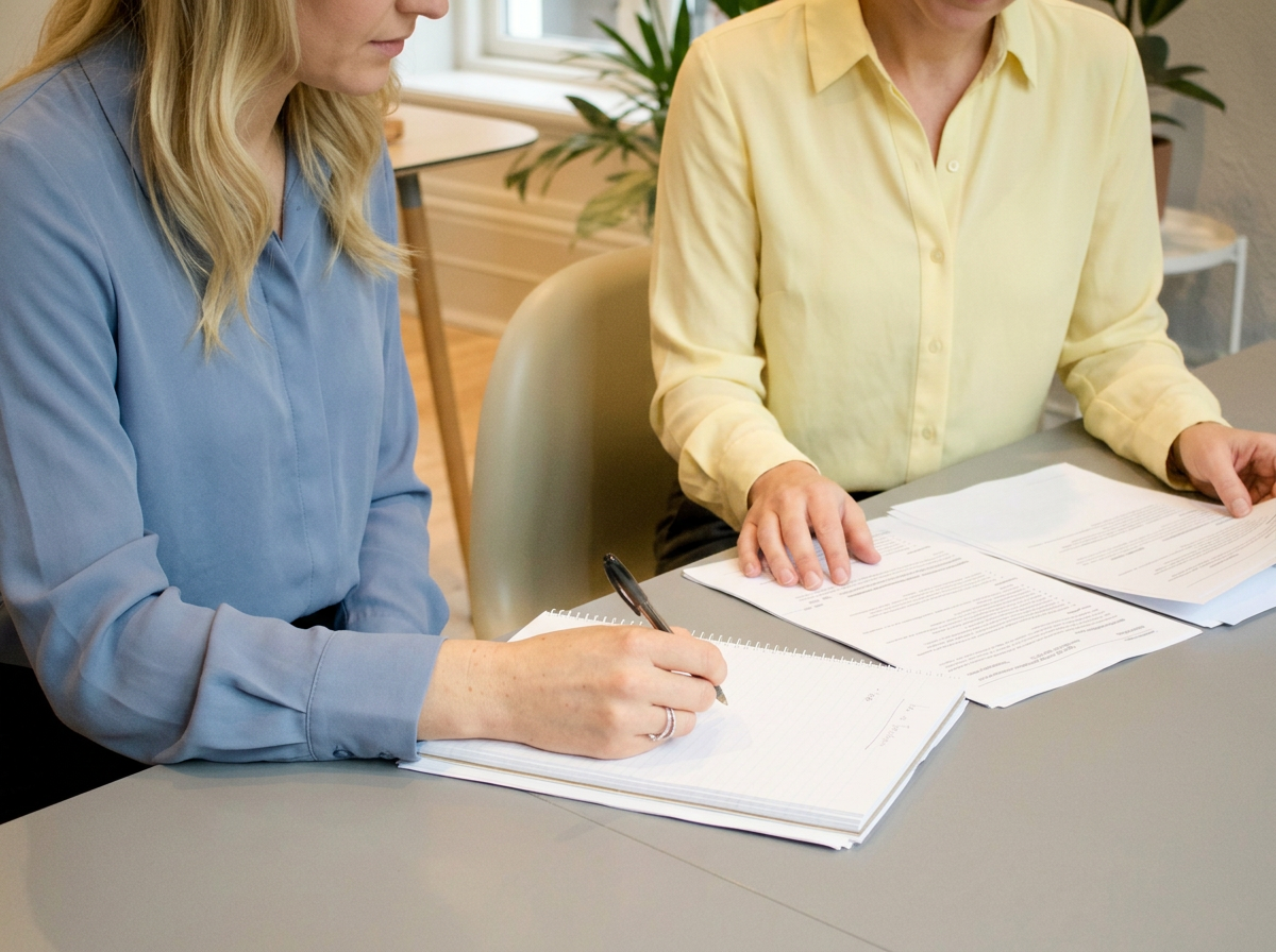 Two women sitting at a table reviewing papers, one writing notes in a notebook, the other pointing to documents, inside a room with a window and potted plant in the background.